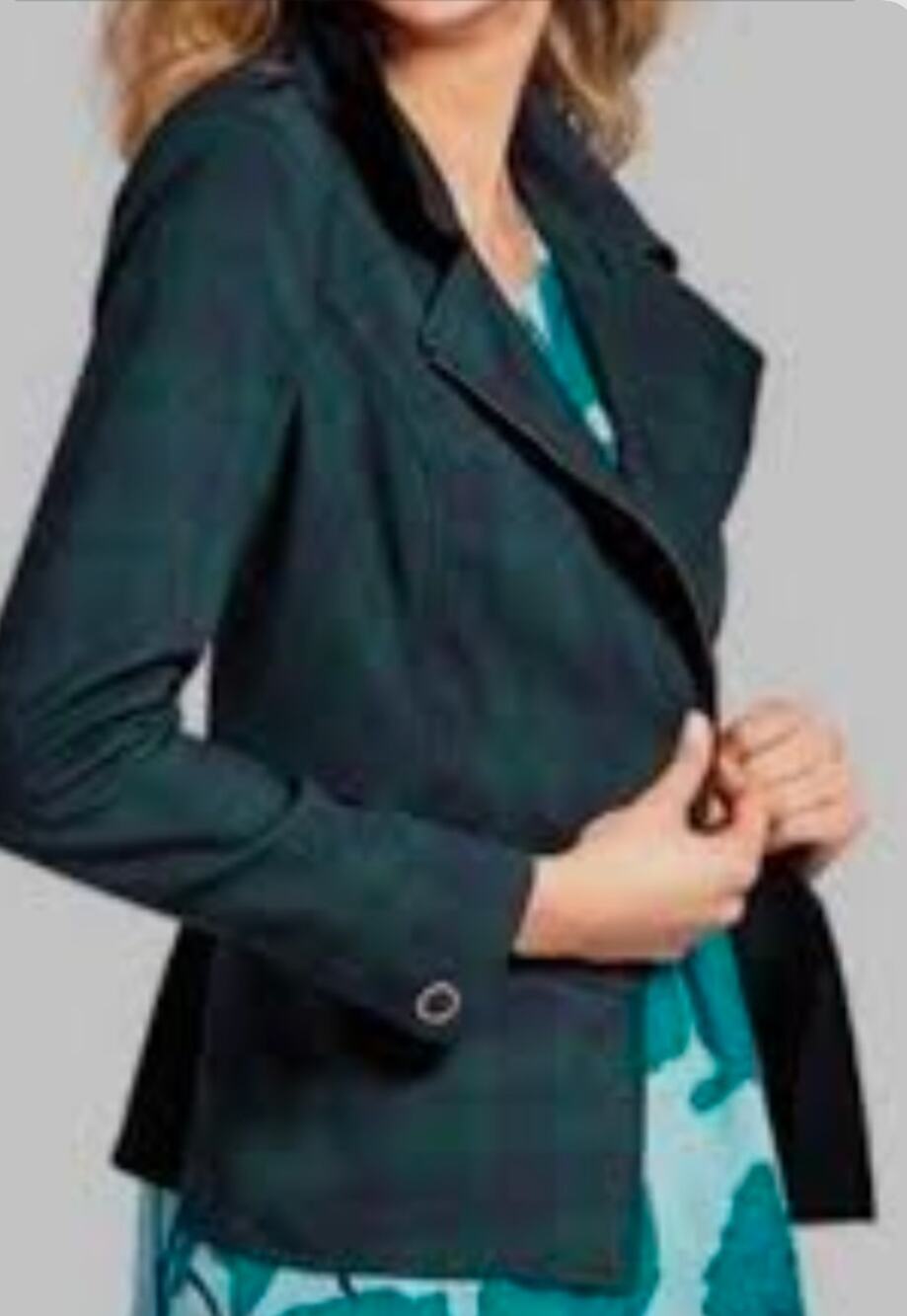Womens Cabi Tartan Plaid Moto Jacket Size 2 Green Navy Blue Zip Style #3181